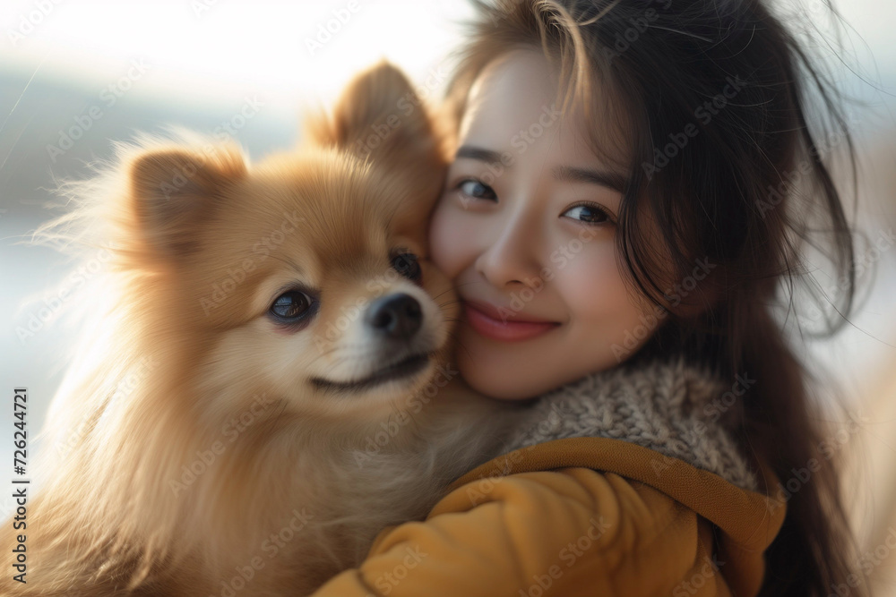 Girl hug with dog pomeranian.Human with dog.good friend concept Girl hug with dog pomeranian.Human with dog.good friend concept