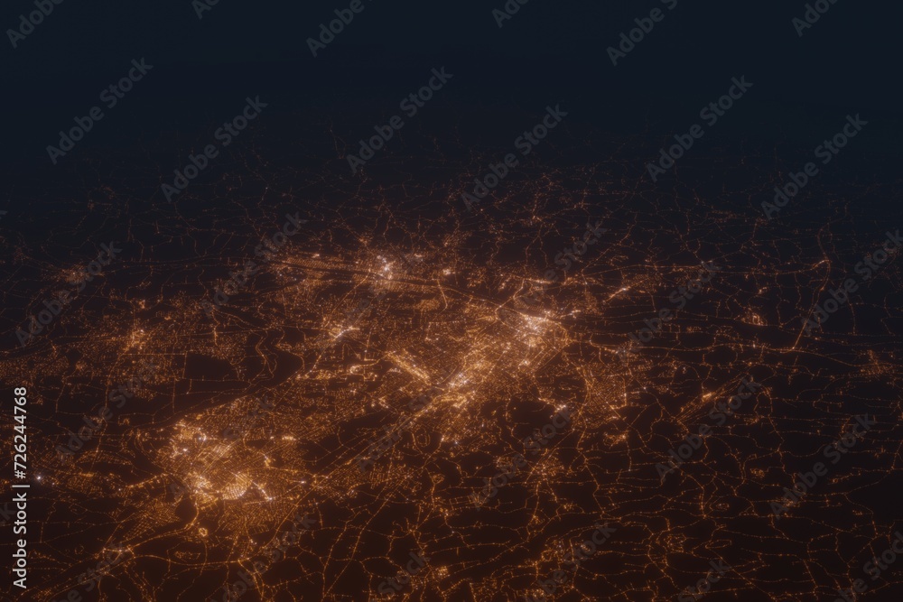 Aerial shot on Albany (New York, USA) at night, view from west. Imitation of satellite view on modern city with street lights and glow effect. 3d render - obrazy, fototapety, plakaty 