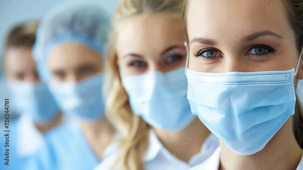 Medical team in blue masks with focused expressions. Medical team in blue masks with focused expressions.