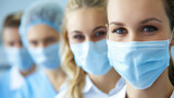 Medical team in blue masks with focused expressions.