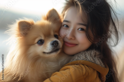 Girl hug with dog pomeranian.Human with dog.good friend concept © boyhey
