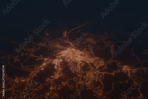 Aerial shot on Missoula (Montana, USA) at night, view from west. Imitation of satellite view on modern city with street lights and glow effect. 3d render photo