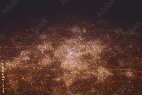 Aerial shot of Eindhoven (Netherlands) at night, view from north. Imitation of satellite view on modern city with street lights and glow effect. 3d render