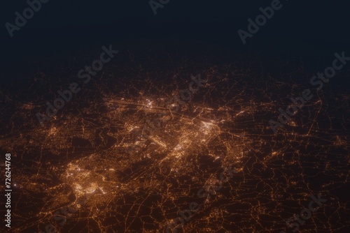 Aerial shot on Albany (New York, USA) at night, view from west. Imitation of satellite view on modern city with street lights and glow effect. 3d render