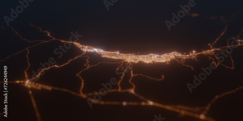 Street lights map of Antofagasta (Chile) with tilt-shift effect, view from east. Imitation of macro shot with blurred background. 3d render, selective focus