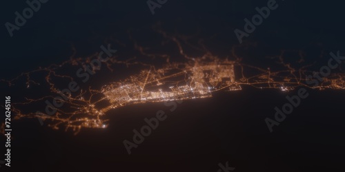Street lights map of Salalah (Oman) with tilt-shift effect, view from south. Imitation of macro shot with blurred background. 3d render, selective focus