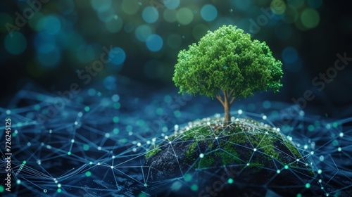 Green tree growing on digital orb, circuit lines, blue network backdrop