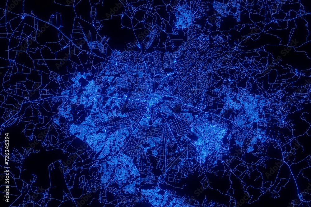Street map of Harare (Zimbabwe) made with blue illumination and glow