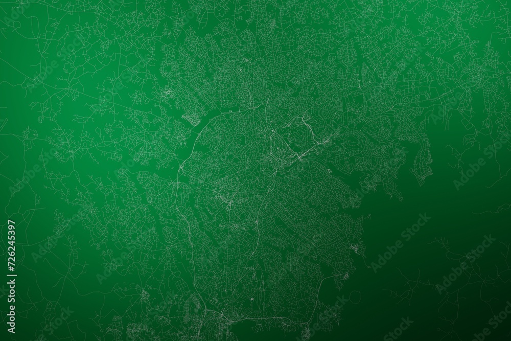 Map of the streets of Kampala (Uganda) made with white lines on abstract green background lit by two lights. Top view. 3d render, illustration Map of the streets of Kampala (Uganda) made with white lines on abstract green background lit by two lights. Top view. 3d render, illustration