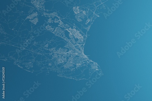 Map of the streets of Port Elizabeth (South Africa) made with white lines on blue paper. Rough background. 3d render, illustration