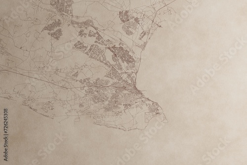 Map of Port Elizabeth (South Africa) on an old vintage sheet of paper. Retro style grunge paper with light coming from right. 3d render