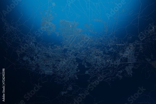 Street map of Kabul (Afghanistan) engraved on blue metal background. View with light coming from top. 3d render, illustration photo