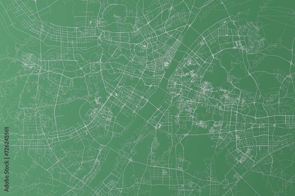 Stylized map of the streets of Wuhan (China) made with white lines on green background. Top view. 3d render, illustration