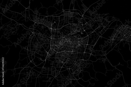 Stylized map of the streets of Ningbo (China) made with white lines on black background. Top view. 3d render, illustration
