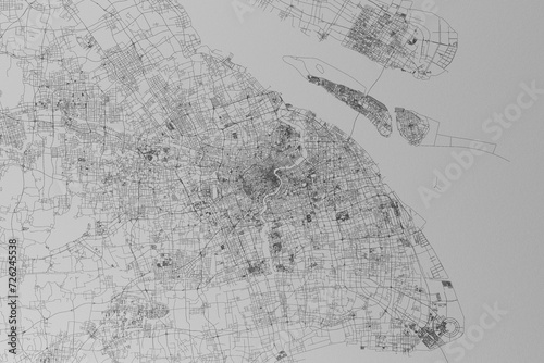 Canvas Print Map of the streets of Shanghai (China) made with black lines on grey paper
