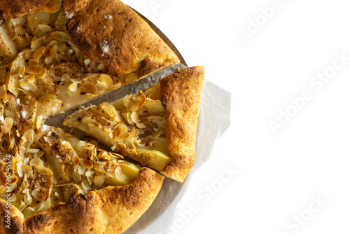 Traditional apple galette. White background, copy space