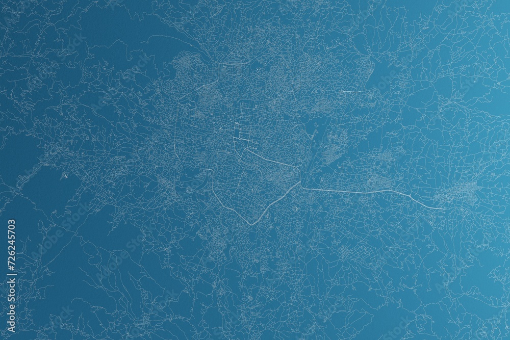 Map of the streets of Kathmandu (Nepal) made with white lines on blue paper. Rough background. 3d render, illustration