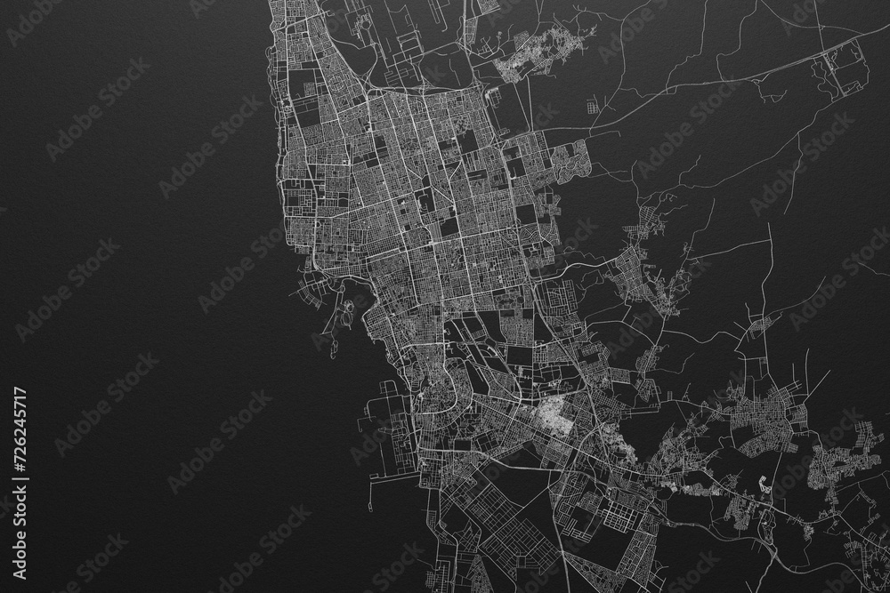 Obraz premium Street map of Jeddah (Saudi Arabia) on black paper with light coming from top