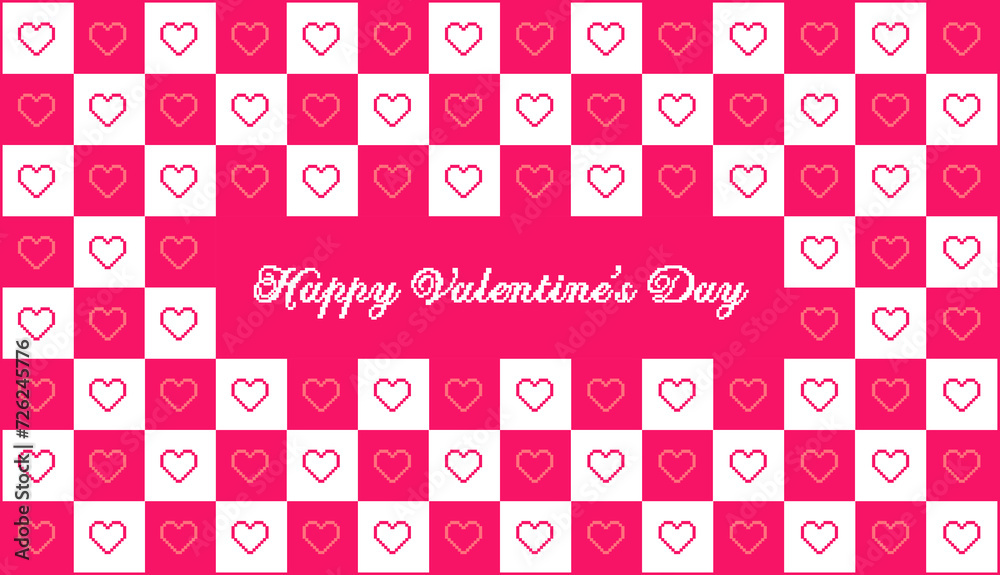 Valentines day checkered pattern background with pixel art hearts and