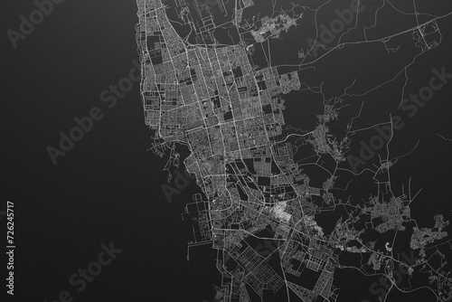 Street map of Jeddah (Saudi Arabia) on black paper with light coming from top