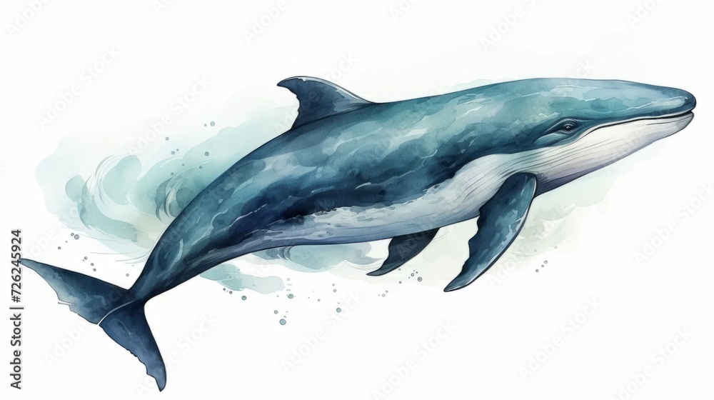 Watercolor whale drawing on a white background. Underwater art Watercolor whale drawing on a white background. Underwater art