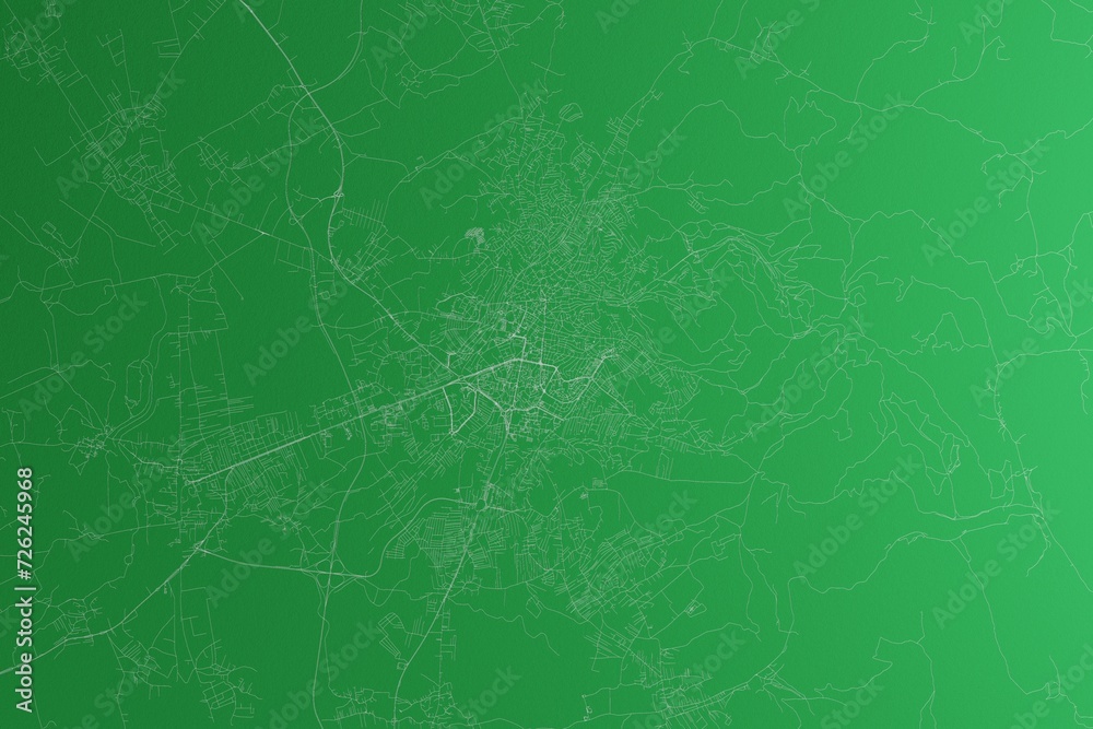 Map of the streets of Pristina (Kosovo) made with white lines on green paper. Rough background. 3d render, illustration