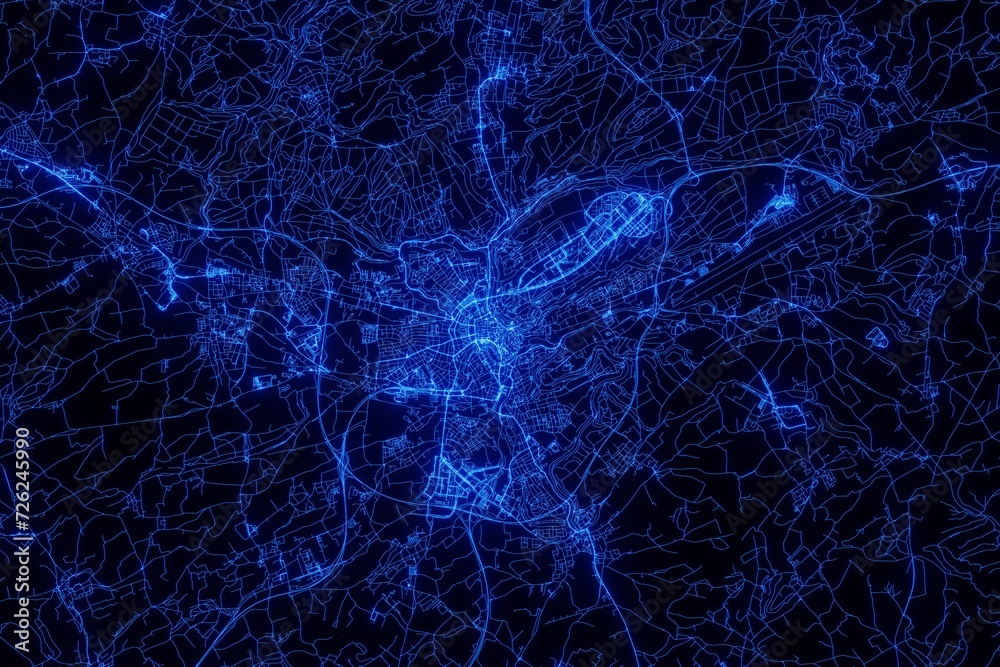 Street map of Luxembourg made with blue illumination and glow effect. Top view on roads network - obrazy, fototapety, plakaty 