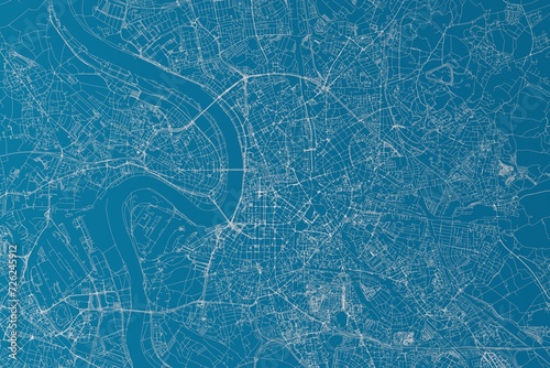 Map of the streets of Dusseldorf (Germany) made with white lines on blue background. 3d render, illustration photo