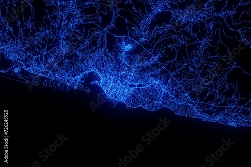 Street map of Genoa (Italy) made with blue illumination and glow effect. Top view on roads network