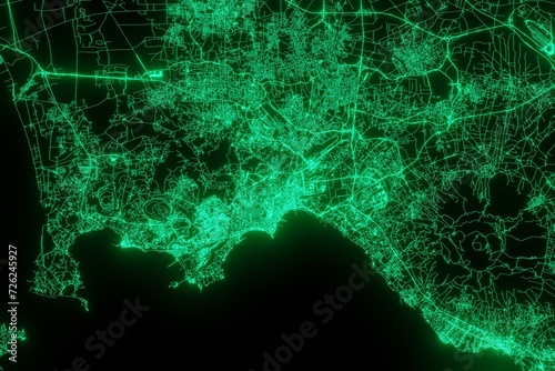 Map of the streets of Naples (Italy) made with green illumination and glow effect. Top view on roads network. 3d render, illustration