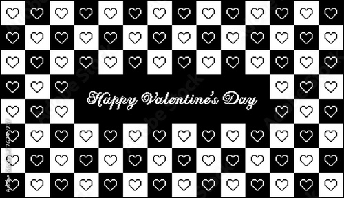Valentines day checkered pattern background with pixel art hearts and cursive type typography of Happy Valentines Day text. Outline, Vector illustration, in black and white, red, hot pink, pastel
