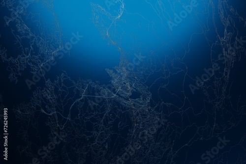 Street map of Bergen (Norway) engraved on blue metal background. View with light coming from top. 3d render, illustration
