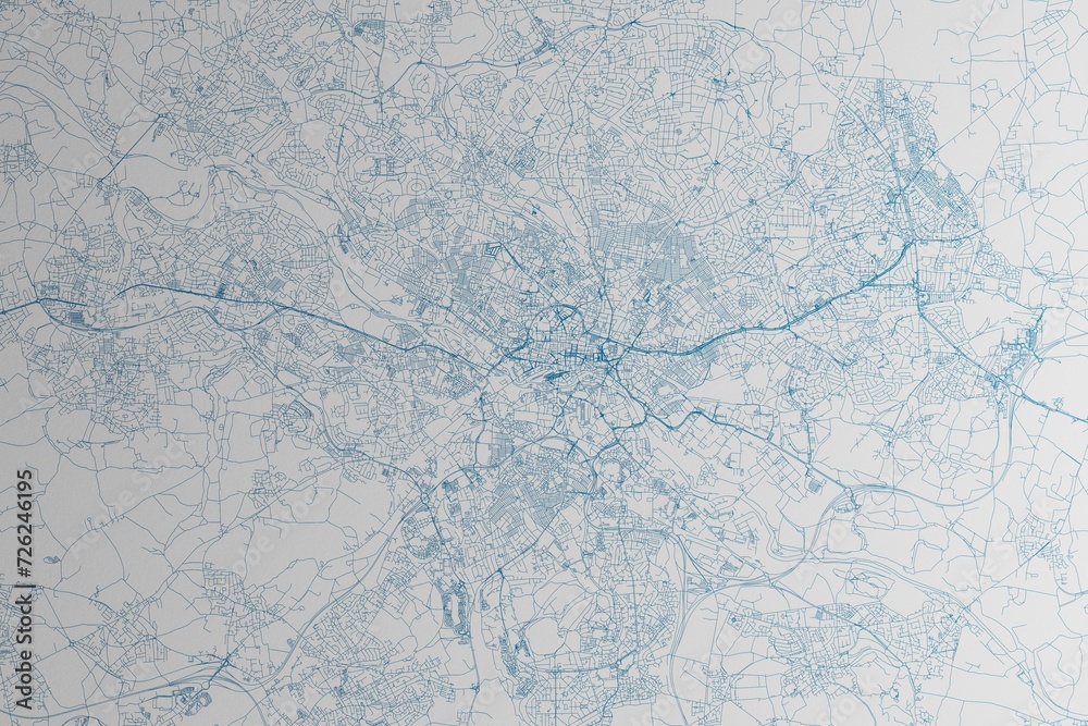 Map of the streets of Leeds (UK) made with blue lines on white paper. 3d render, illustration Map of the streets of Leeds (UK) made with blue lines on white paper. 3d render, illustration