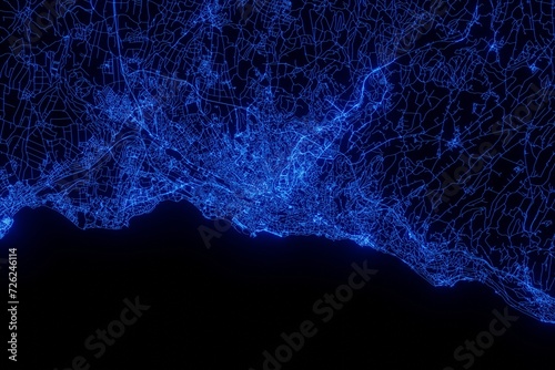 Street map of Lausanne (Switzerland) made with blue illumination and glow effect. Top view on roads network photo