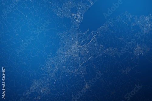 Stylized map of the streets of Belfast (UK) made with white lines on abstract blue background lit by two lights. Top view. 3d render, illustration