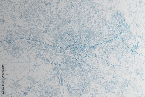 Map of the streets of Leeds (UK) made with blue lines on white paper. 3d render, illustration