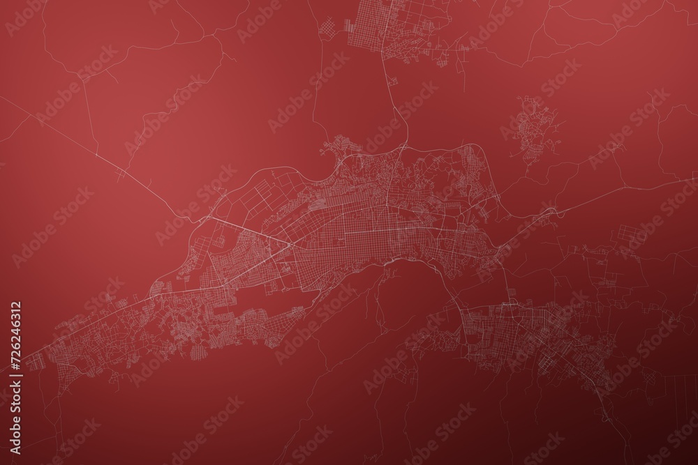 Map of the streets of Barquisimeto (Venezuela) made with white lines on abstract red background lit by two lights. Top view. 3d render, illustration