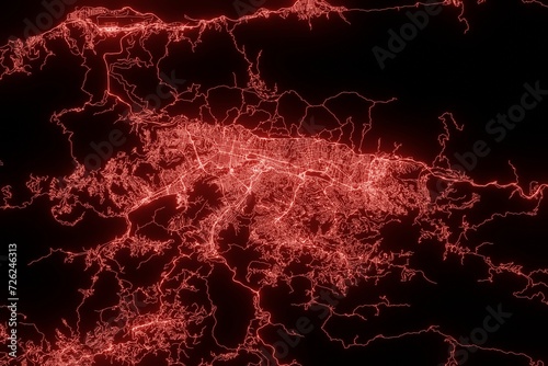 Street map of Caracas (Venezuela) made with red illumination and glow effect. Top view on roads network. 3d render, illustration photo