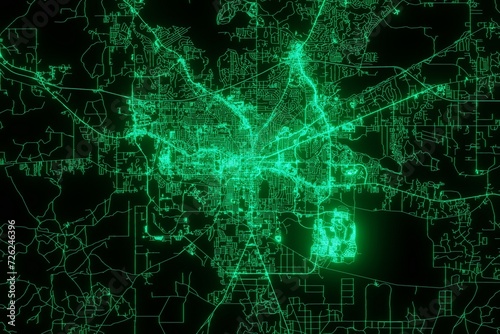 Map of the streets of Tallahassee (Florida, USA) made with green illumination and glow effect. Top view on roads network. 3d render, illustration