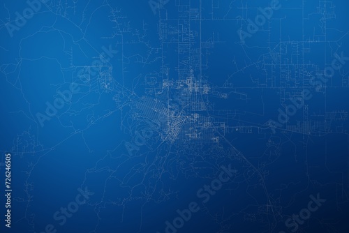 Stylized map of the streets of Helena (Montana, USA) made with white lines on abstract blue background lit by two lights. Top view. 3d render, illustration