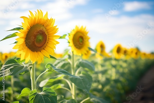 row of tall sunflowers facing the sun