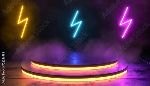 Realistic platform or podium scene for product presentation with glowing neon thunderbolt sign