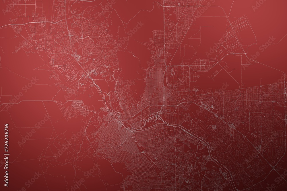 Map of the streets of El Paso (Texas, USA) made with white lines on abstract red background lit by two lights. Top view. 3d render, illustration