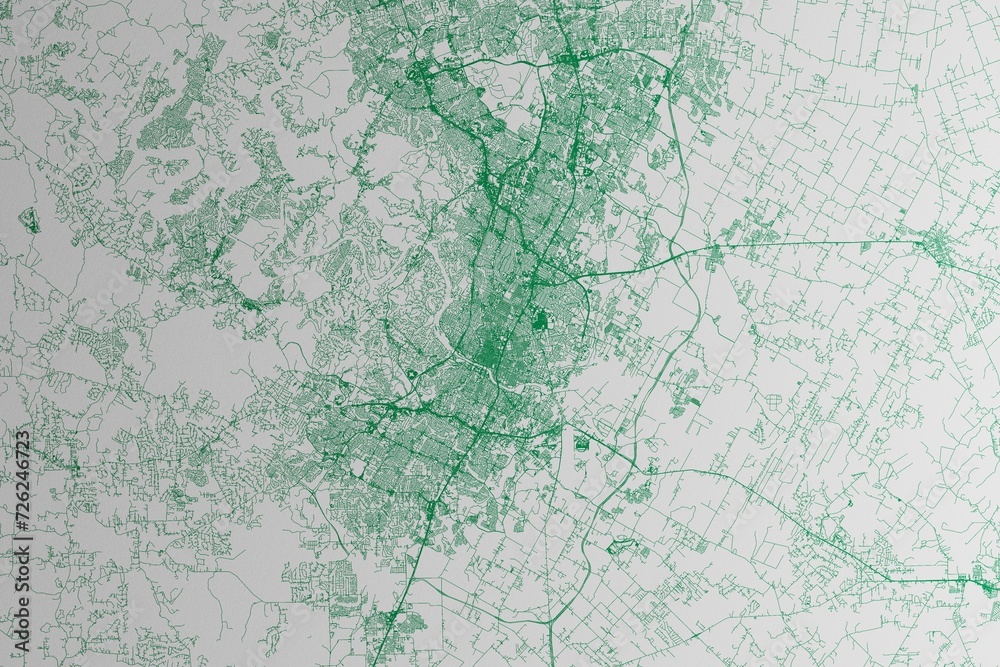 Map of the streets of Austin (Texas, USA) made with green lines on white paper. 3d render, illustration