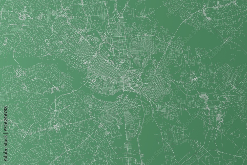 Stylized map of the streets of Richmond (Virginia, USA) made with white lines on green background. Top view. 3d render, illustration