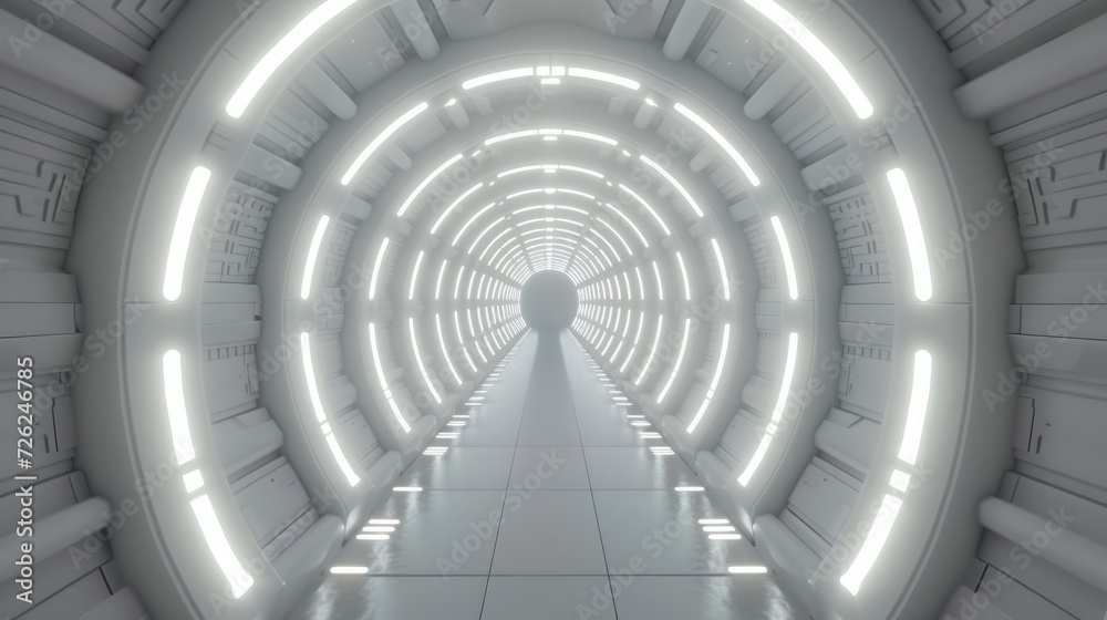 Obraz premium Realistic Illustration of a Futuristic Sci-Fi Corridor Interior, Bathed in White Light, Unveiling Clean and Minimalistic Aesthetics