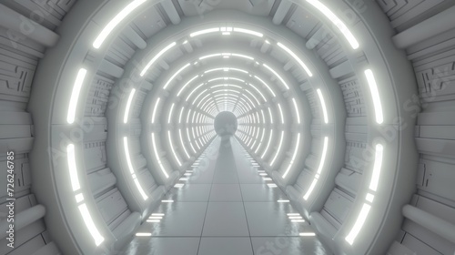 Realistic Illustration of a Futuristic Sci-Fi Corridor Interior, Bathed in White Light, Unveiling Clean and Minimalistic Aesthetics