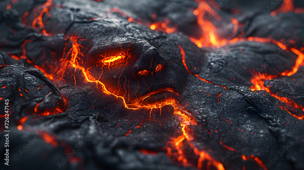 A face emerging from molten lava and rocks