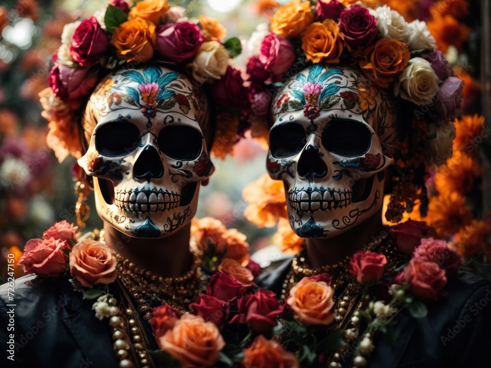 dia de muertos two skulls decorated with flowers in the background. Generative AI