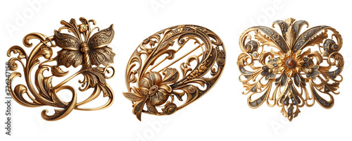 3 Old fashioned brooch made of gold with intricate design isolate on transparent background photo